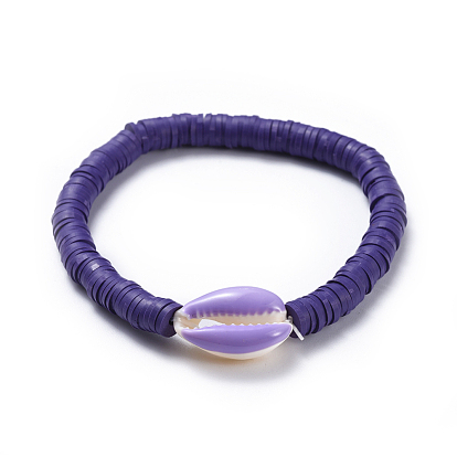 Bracelets élastiques, avec des perles heishi en pâte polymère faites main et des perles en forme de cauris