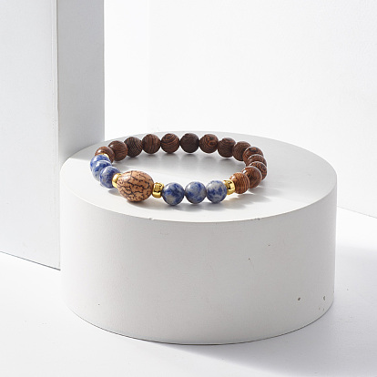 Natural Wenge Wood & Stone Mala Bead Bracelet, Gemstone Stretch Bracelet for Men Women