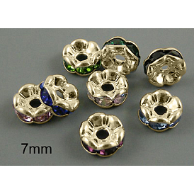 Brass Rhinestone Spacer Beads, Grade AAA, Wavy Edge, Nickel Free, Light Gold Metal Color, Rondelle, 7x3.2mm, Hole: 1.2mm