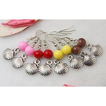 Fashion Shell Dangle Earrings, with Tibetan Style Pendant, Glass Beads and Brass Earring Hook, 43mm