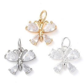 Rack Plating Brass Micro Pave Clear Cubic Zirconia Chrams, Long-Lasting Plated, with Jump Rings, Flower