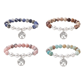 Bracelet extensible en pierres précieuses naturelles et perles de coquillage, avec breloques arbre de vie en alliage