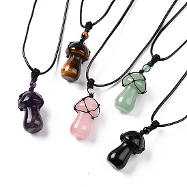 Natural Gemstone Mushroom Pendant Necklace, Wax Rope Macrame Pouch Braided Necklace for Women