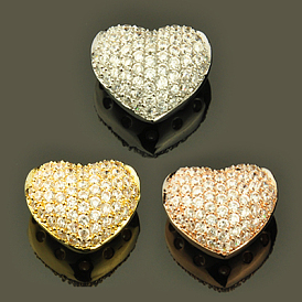 Laiton cubes pendentifs zircone, cœur, 14x12x9mm, Trou: 3x2mm