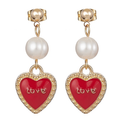Pendientes colgantes de esmalte de aleación del día de San Valentín con alfileres de latón, pendientes colgantes con cuentas de perlas naturales