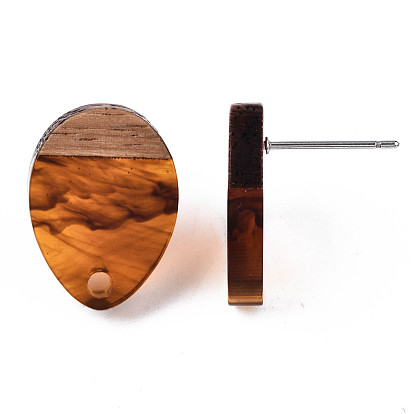 Resin & Walnut Wood Stud Earring Findings, with 304 Stainless Steel Pin, Teardrop