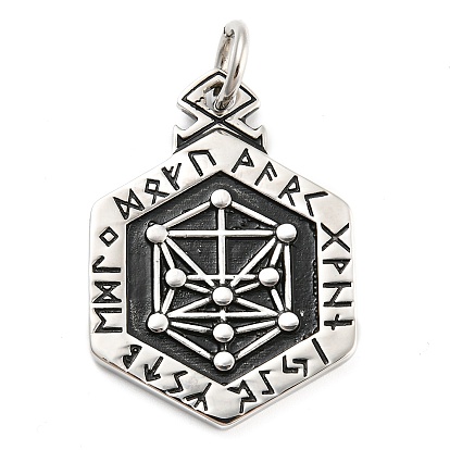 316L Surgical Stainless Steel Pendants, with Jump Ring, Hexagon with Viking Rune Charm