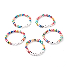 Acrylic Beads Letter Stretch Bracelets, Kids Bracelets, with Natural Wood Beads