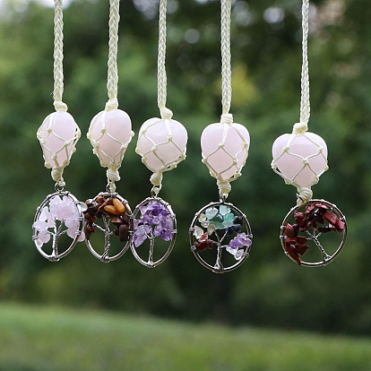 Coeur rose quartz cordon tressé pendentif décorations, avec des anneaux de puces de pierres précieuses, ornements suspendus de voiture