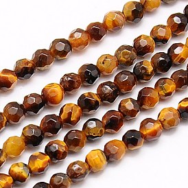 Natural Tiger Eye Beads Strands, Faceted, Round, 4mm, Hole: 1mm, about 90pcs/strand, 15.35 inch