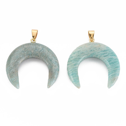 Natural Amazonite Pendants, with Light Gold Plated Brass Findings, Crescent Horn