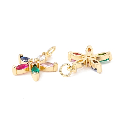 Rack Plating Brass Micro Pave Colorful Cubic Zirconia Pendants, with Jump Rings, Long-Lasting Plated, Cadmium Free & Lead Free, Flower