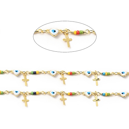 Enamel Heart with Evil Eye Link Chains, with Glass Seed Beaded and Real 18K Gold Plated Brass Cross Charms, Soldered, with Spools