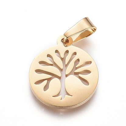 304 Stainless Steel Pendants, Flat Round with Tree of Life