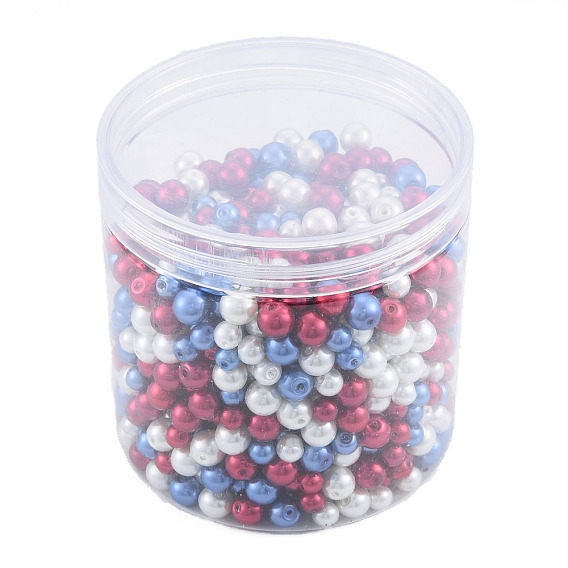3 Colors Glass Pearl Beads, Round, Red & White & Blue Beads