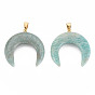 Natural Amazonite Pendants, with Light Gold Plated Brass Findings, Crescent Horn