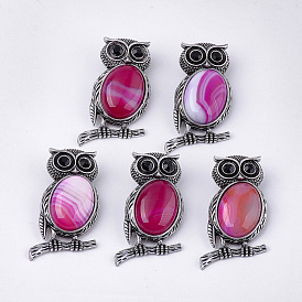 Gemstone  Brooches/Pendants, with Rhinestone and Alloy Findings, Owl, Antique Silver