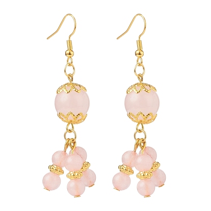 Natural Rose Quartz Round Beaded Cluster Long Dangle Earrings, Gold Plated Brass Jewelry for Women