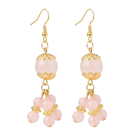 Natural Rose Quartz Round Beaded Cluster Long Dangle Earrings, Gold Plated Brass Jewelry for Women