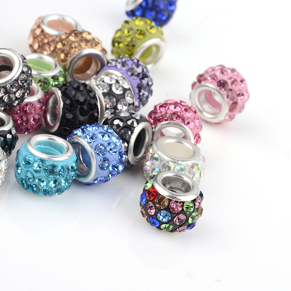 Polymer Clay Rhinestone European Beads, Large Hole Beads, Rondelle, with Silver Color Plated Brass Cores