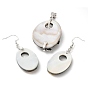 Natural Paua Shell Oval & White Shell Flower Jewelry Set, Rhinestone Dangle Earrings & Pendants with Brass Findings