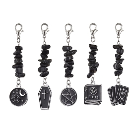 Natural Obsidian Chip Pendant Decorations, with Alloy Enamel Pendants and Alloy Clasp, Mixed Shapes