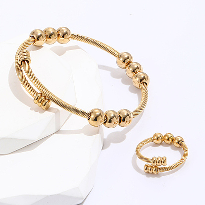 Stainless Steel Twisted Cuff Bangle & Finger Ring Sets, with Bead, for Women