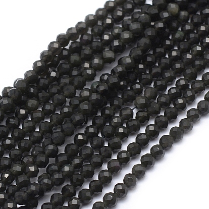 Hilo de perlas de obsidiana natural, facetados, rondo