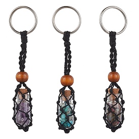 Natural & Synthetic Gemstone Wishing Bottle Keychain, Nylon Cord Macrame Pouch Stone Holder, with Iron Split Key Rings and Wood Bead