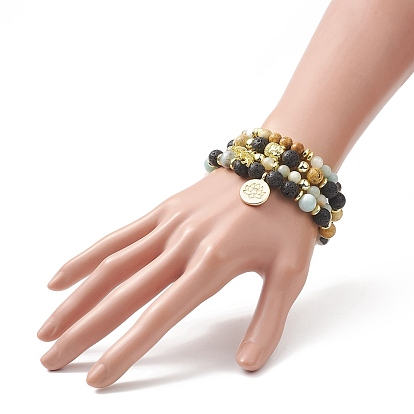 4 pcs 4 ensemble de bracelets extensibles en perles naturelles et synthétiques de style mixte et tête bouddhiste, bracelets empilables de charmes d'alliage de lotus et d'éléphant pour des femmes