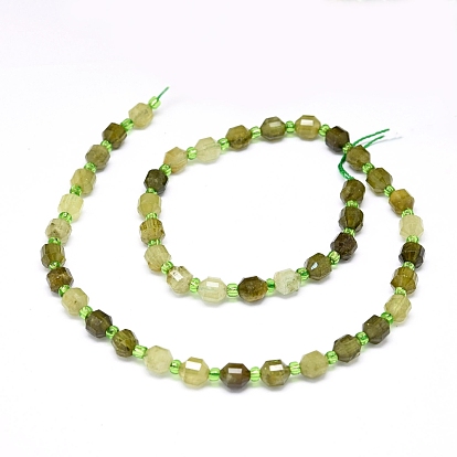 Natural Green Garnet Beads Strands, with Seed Beads, Faceted, Bicone, Double Terminated Point Prism Beads