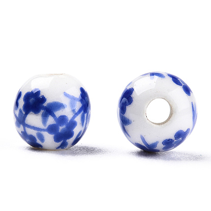 Cuentas de porcelana hechas a mano, porcelana azul y blanca, redondo con flor