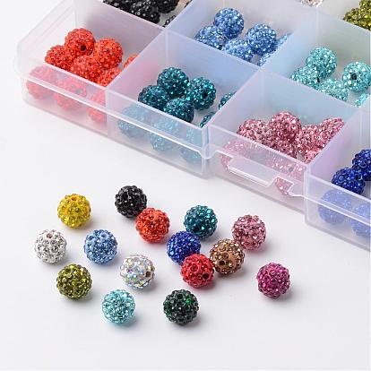 Quinze couleurs perles pave boule disco, Perles de strass d'argile polymère , ronde, 10mm, trou: 1.5mm, 10pcs / couleur, à propos de 150pcs / boîte