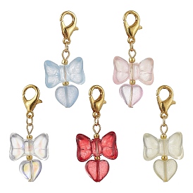 5Pcs 5 Colors Glass Pendant Decorations, with Zinc Alloy Lobster Claw Clasps, Bowknot with Heart
