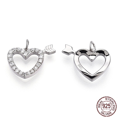 925 Sterling Silver Micro Pave Cubic Zirconia Charms, with S925 Stamp and Jump Ring, Heart with Arrow Charms, Nickel Free