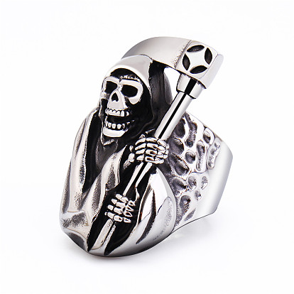 Anillos de acero de titanio para hombres, Muerte de calavera de Halloween con anillo de banda ancha en forma de hoz