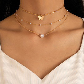 Minimalist Pearl Butterfly Triple Layer Necklace with Geometric Beads and Multi-Strand Collarbone Chain
