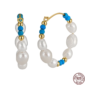 Dyed Natural Turquoise & Pearl Beaded Hoop Earrings, with 925 Sterling Silver Pins