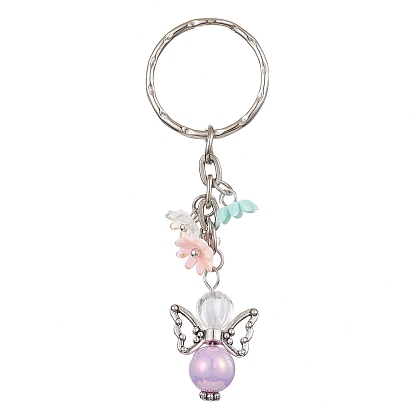 Porte-clés en perles acryliques ange avec breloques en résine opaque à fleurs, avec porte-clés fendu
