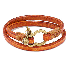 Retro Style Double Circle Men's Leather Bracelet with Simple Horseshoe Buckle