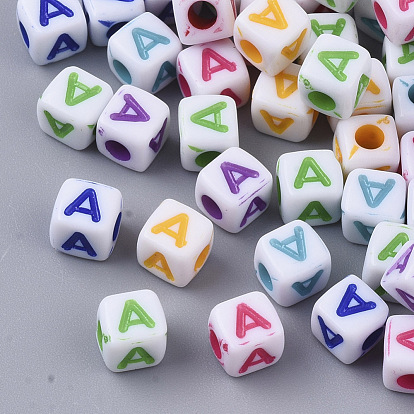 White Opaque Acrylic Beads, Horizontal Hole, Cube with Mixed Color Letter