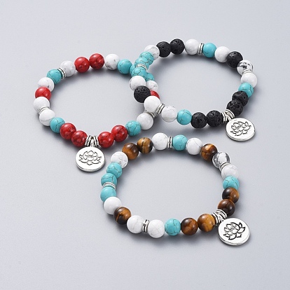 Thème bouddhiste mixte pierres précieuses perles rondes bracelets extensibles, avec pendentifs ronds plats en alliage de style tibétain et perles, lotus