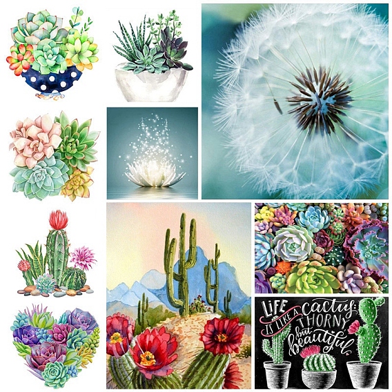Plante succulente/cactus/motif de lotus 5 kits de peinture au diamant pour débutants adultes, bricolage, perceuse ronde complète, image d'art, Kits de peinture de pierres précieuses en strass pour la décoration murale de la maison