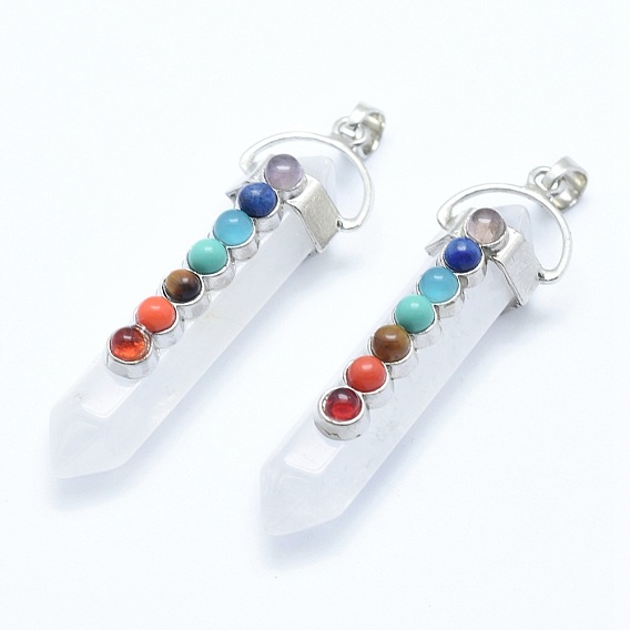 Chakra Jewelry, Natural/Synthetic Gemstone Double Terminated Pointed Pendants, with Natural & Synthetic Mixed Stone Alloy Findings, Bullet