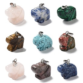 Mixed Gemstone Pendants, Elephant Charms with Platinum Plated Metal Snap on Bails, Mixed Dyed and Undyed