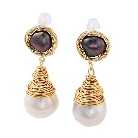 Natural Pearl Dangle Stud Earrings, with Brass Findings and 925 Sterling Silver Pins, Teardrop