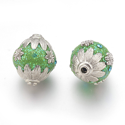 Perles Indonésiennes manuelles, avec de l'argile polymère, strass et métal, ovale avec des fleurs
