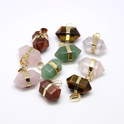 Double Terminated Pointed Gemstone Pendants, with Golden Tone Brass Findings