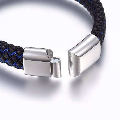 Leather Braided Cord Bracelets, with Nylon and 304 Stainless Steel Magnetic Clasp, Rectangle