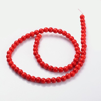Perles synthétiques howlite brins, teints en rouge, ronde, 6~7mm, Trou: 0.5mm, Environ 64 pcs/chapelet, 16 pouce